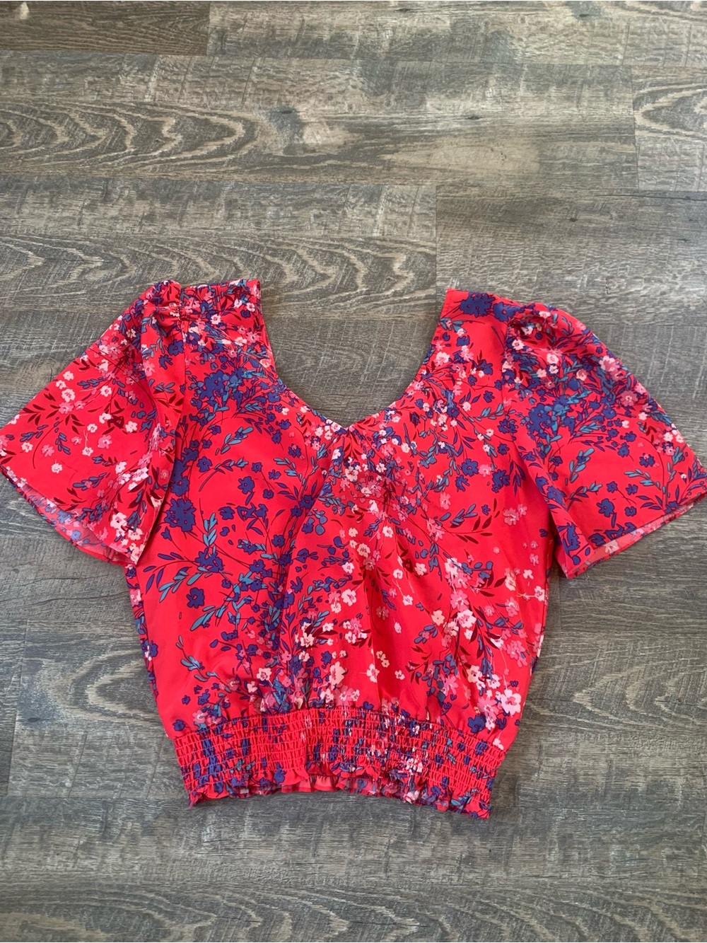 nine britton Maximalist Red Floral V-Neck Smocked Blouse with Flowy Sleeves